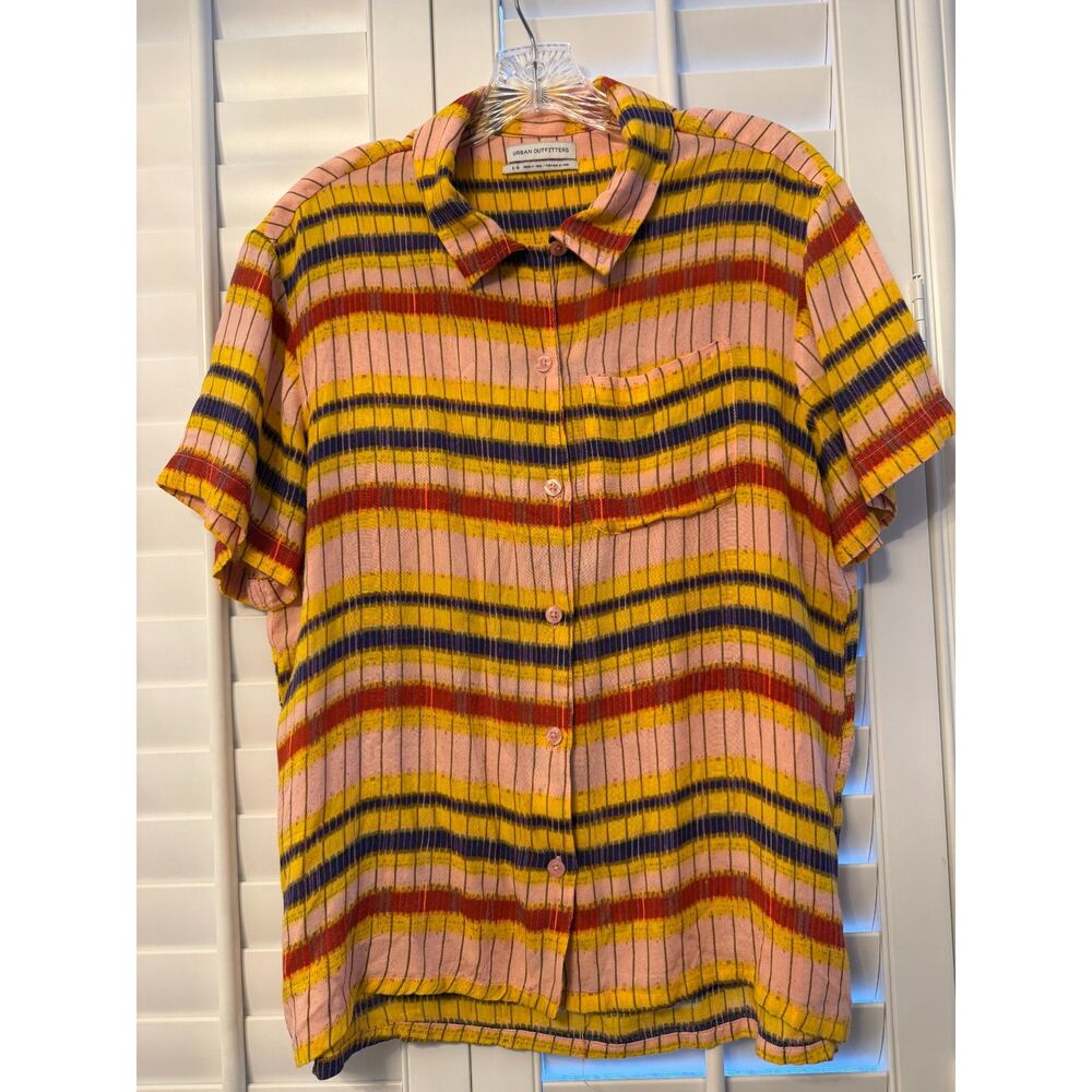 Urban Outfitters 90s Vertical Stripe Short Sleeve Button Down Shirt Size L